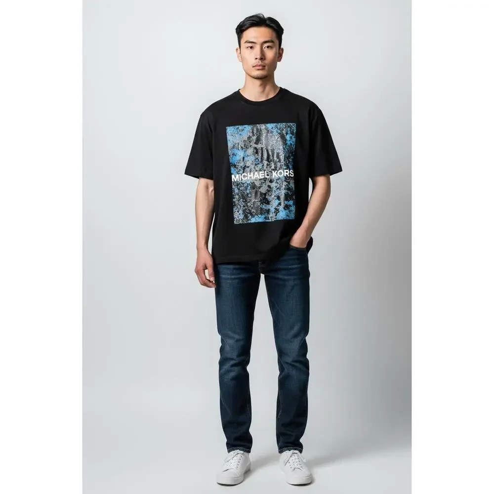 Michael Kors Graphic Logo T-Shirt Black Blue Paint Print Medium 100% Cotton - Picture 5 of 5